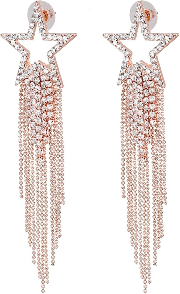 Women’s Tassel Earrings Star Ear Stud Pave Crystal Dangle Earrings Boho Waterfall Beaded Fringe... | Amazon (US)