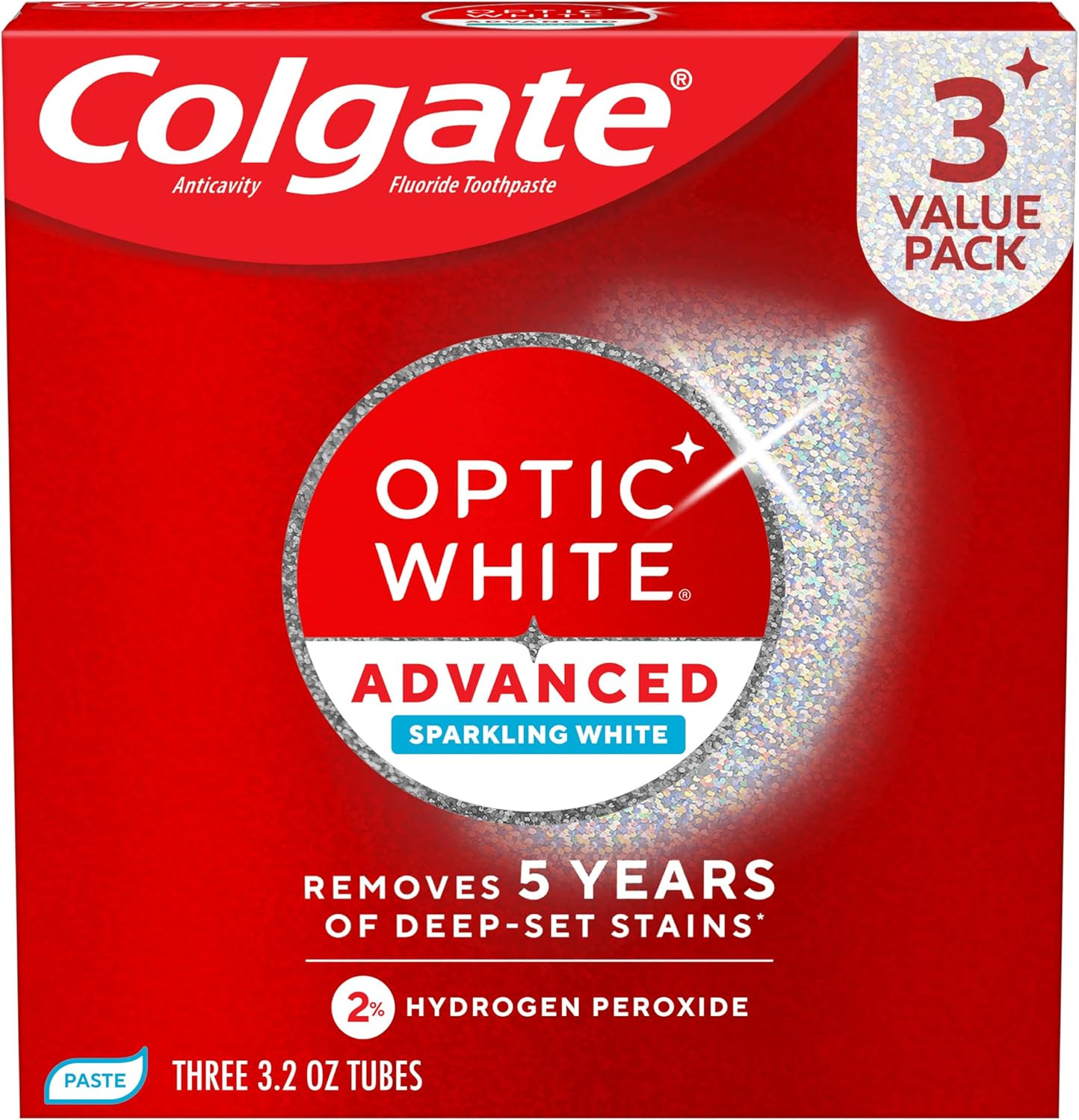 Colgate Optic White Advanced Hydrogen Peroxide Toothpaste, 3 Pack, 3.2 oz | Amazon (US)