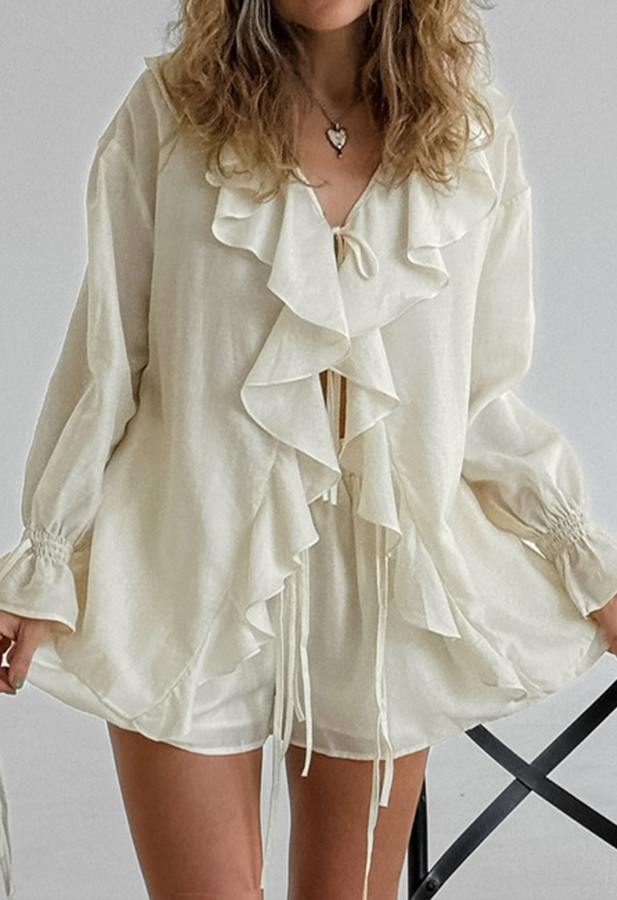 Tie-Bow Front Ruffle Semi-Sheer Shirt and Shorts Set | Chicwish