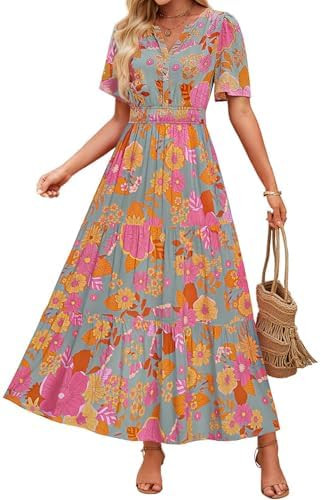 ZESICA Women's 2026 Summer Spring Floral Boho Maxi Dresses Casual Short Sleeve V Neck A Line Flow... | Amazon (US)