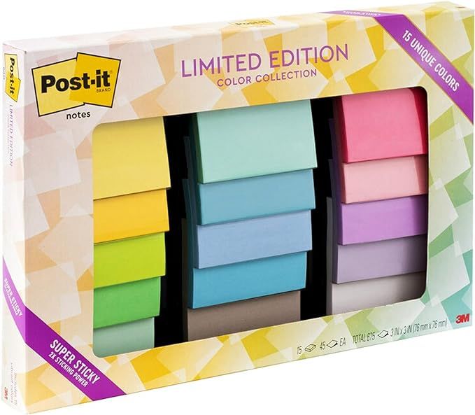 Post-it Super Sticky Notes, Limited Edition Color Collection, 3x3 in, 15 Pads/Pack, 45 Sheets/Pad | Amazon (US)