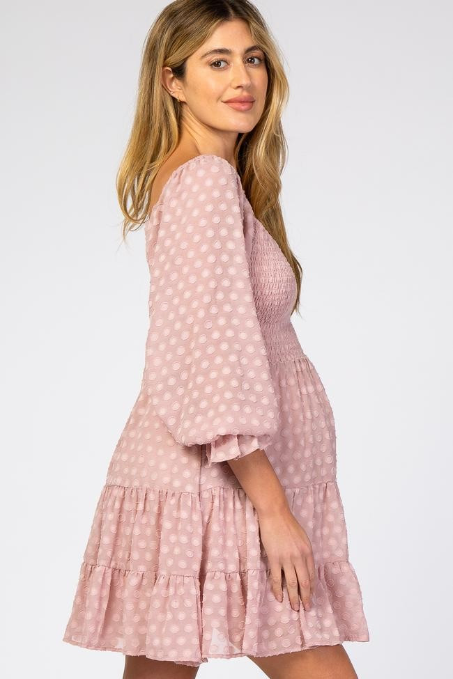 Mauve Smocked Polka Dot Long Sleeve Maternity Dress | PinkBlush Maternity