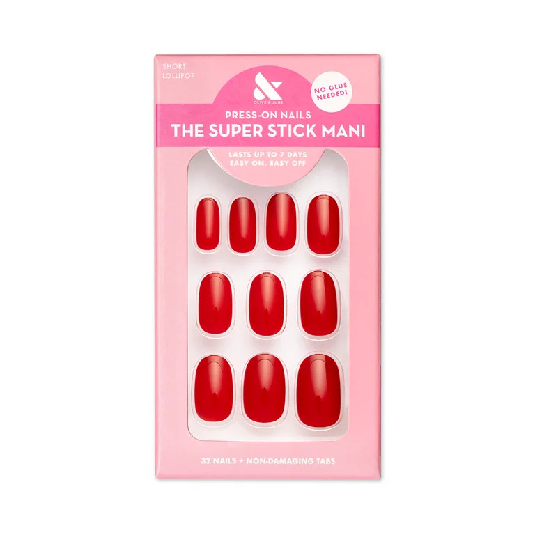 Olive & June Super Stick Mani Round Short Press-On Tabs, Red, Lollipop, 32 Pieces | Walmart (US)