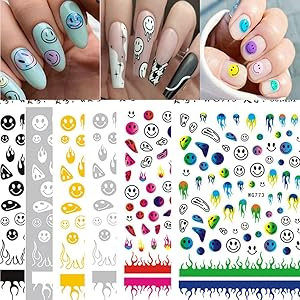 Smile Nail Art Stickers Smiley Face Flame Nail Stickers Decals Nail Art Supplies Designer Nail Stick | Amazon (US)