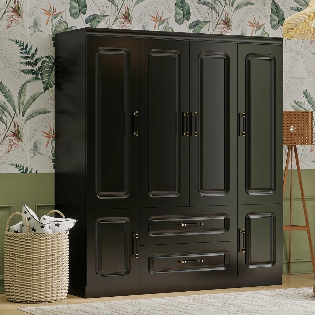 4-Door Bedroom Wood Armoire and Wardrobe Closet with Hanging Rod and Drawers, 70.87" H x 61.42" W, Black

#LTKActive #LTKU #LTKHome

#LTKPlusSize #LTKSwim #LTKSaleAlert