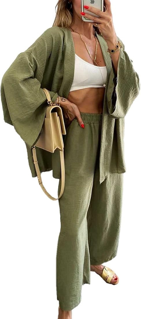 Asskdan Womens 2 Piece Outfits Lounge Sets Linen High Waisted Pants Oversized Cardigan 2023 Trend... | Amazon (US)
