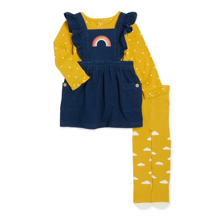 Wonder Nation Baby Girl Pinafore Dress, Long Sleeve Top & Tights Outfit Set, Sizes 0/3-24 Months | Walmart (US)