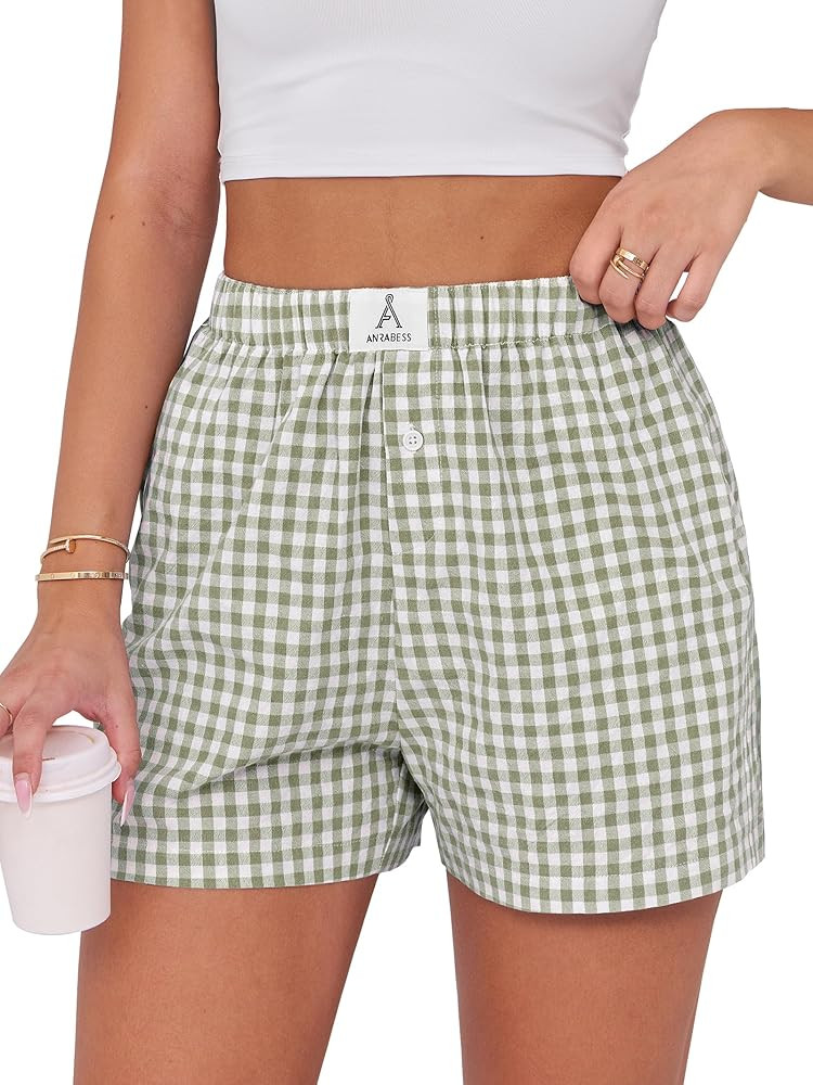 ANRABESS Boxer Shorts for Women Gingham Pajama 2025 Summer Casual Lounge Sleep Plaid Shorts Y2K B... | Amazon (US)