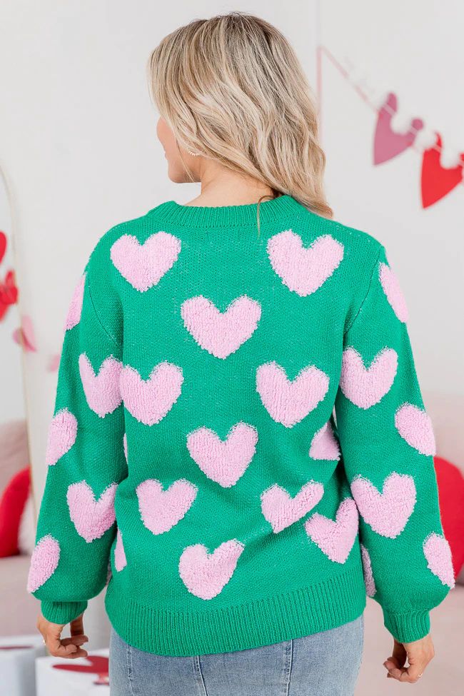 I'll Be There Green Fuzzy Heart Sweater | Pink Lily
