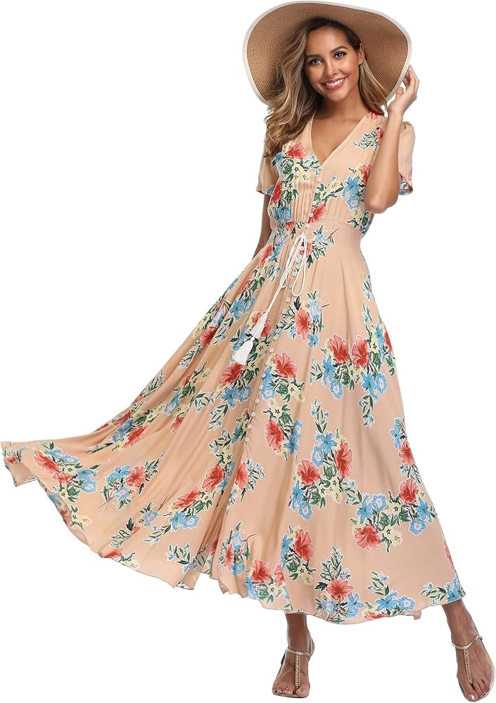 VintageClothing Women's Floral Maxi Dresses Boho Button Up Split Beach Party Dress | Amazon (US)
