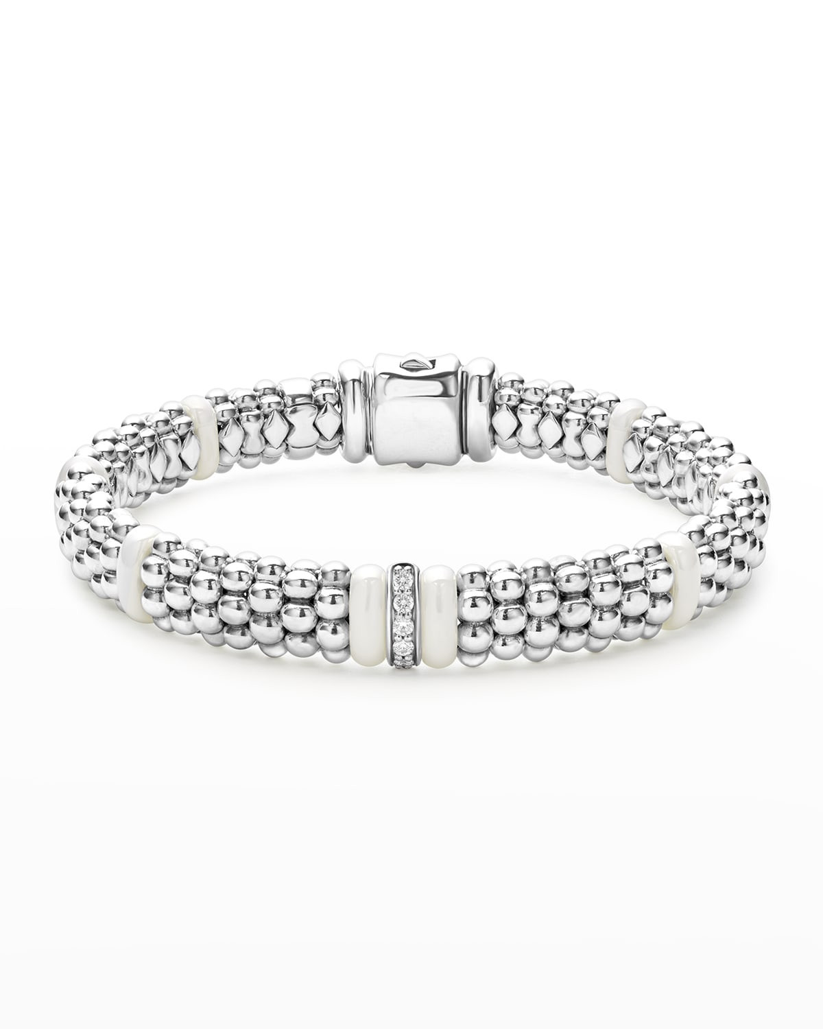 Sterling Silver and Gold White Caviar White Ceramic Diamond Link Bracelet | Neiman Marcus