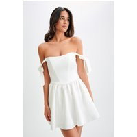 Rita Satin Mini Dress With Bow Sleeves - White | MESHKI US