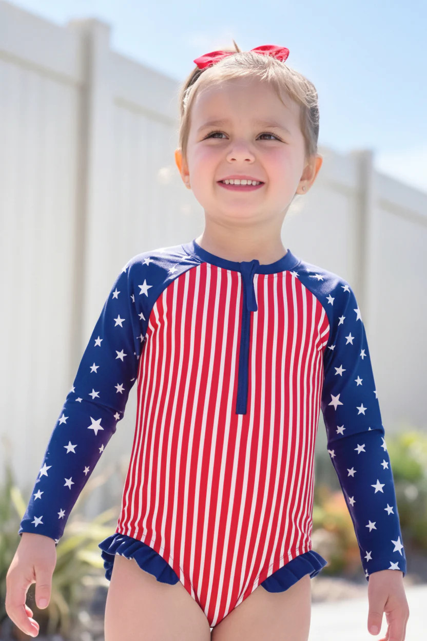 Long Sleeve Rash Guard with Front Zipper | Stars & Stripes Party | Caden Lane
