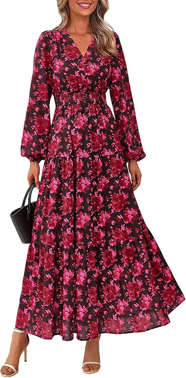 PRETTYGARDEN Long Sleeve Maxi Fall Dresses for Women 2025 Vneck Smocked Boho Floral Tiered Swing ... | Amazon (US)