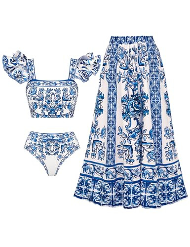 FLAXMAKER Ruffle Porcelain Pattern Majolica Print Back Elastic Band Bikini Swimsuit and Skirt/Sar... | Amazon (US)