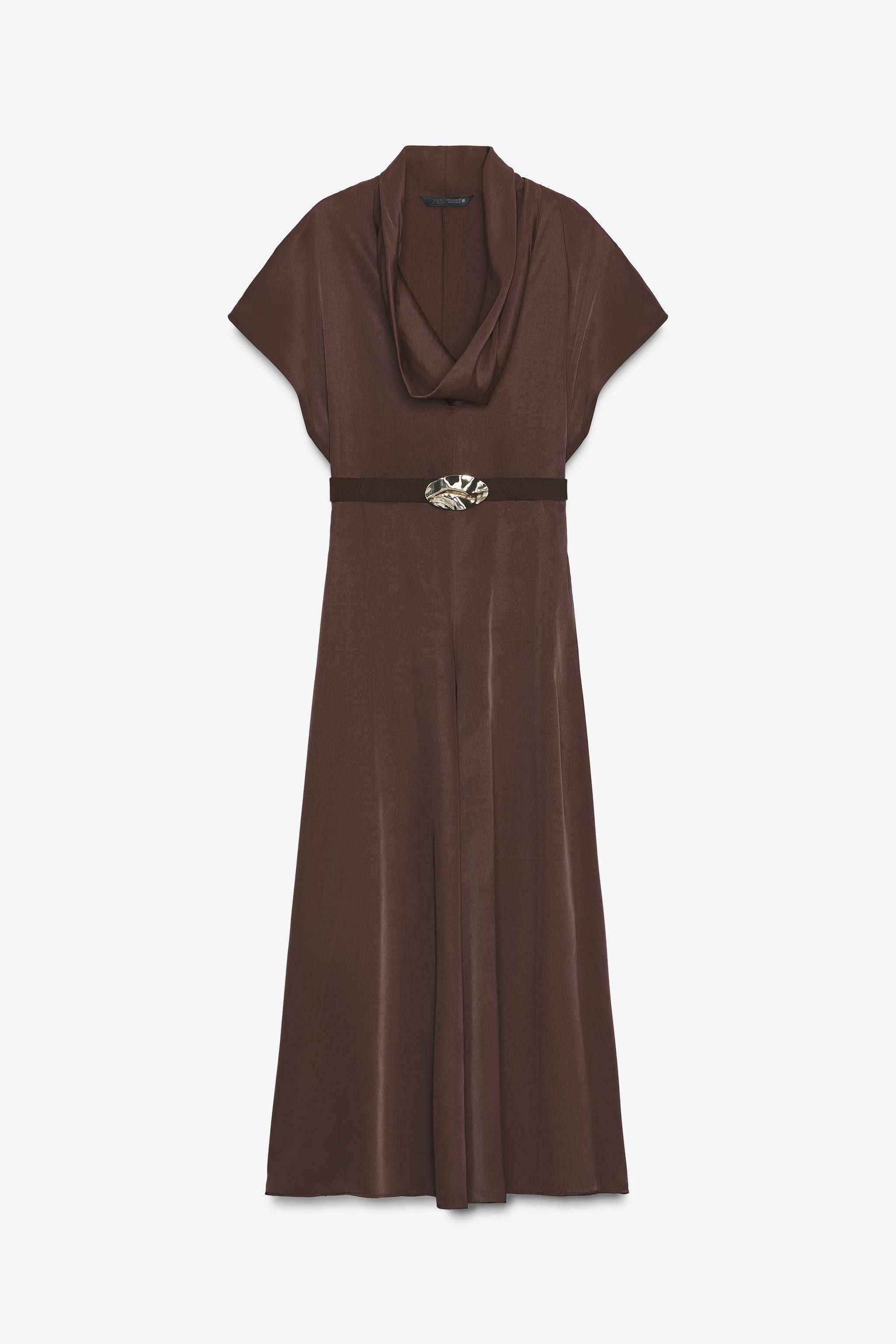 BELTED DRAPED NECK MIDI DRESS | Zara US
