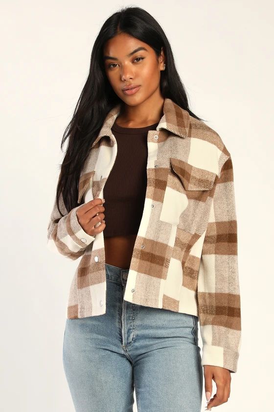 Plaid Fad Ivory and Brown Plaid Cropped Shacket | Lulus (US)
