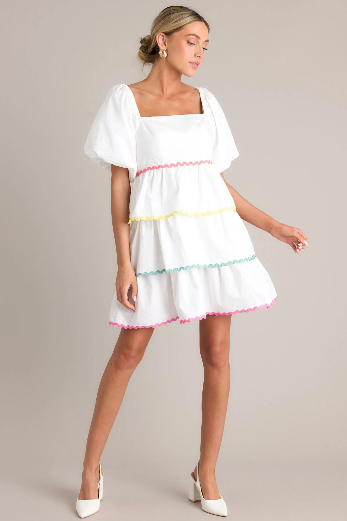 Aurora Dream White Multi Ricrac Mini Dress | Red Dress