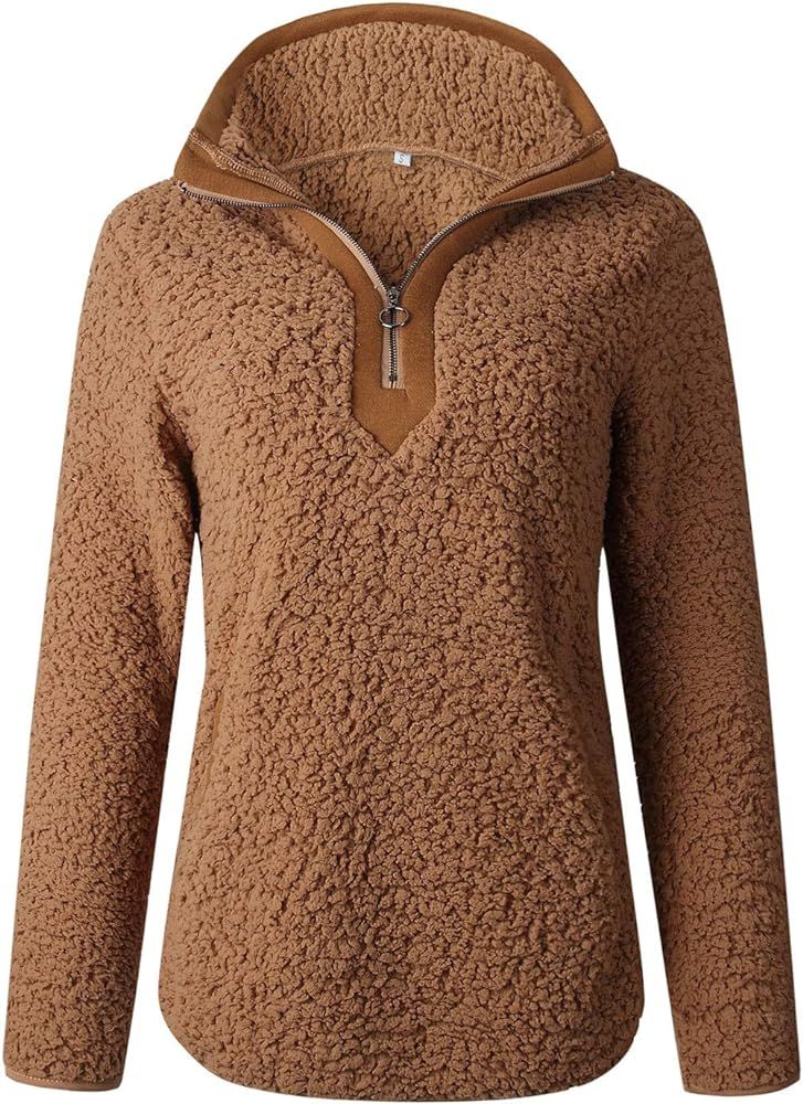 Les umes Women's Fuzzy Fleece Sherpa Sweatshirts Stand Collar Zipper Pullover Coat Outwear Tops w... | Amazon (CA)