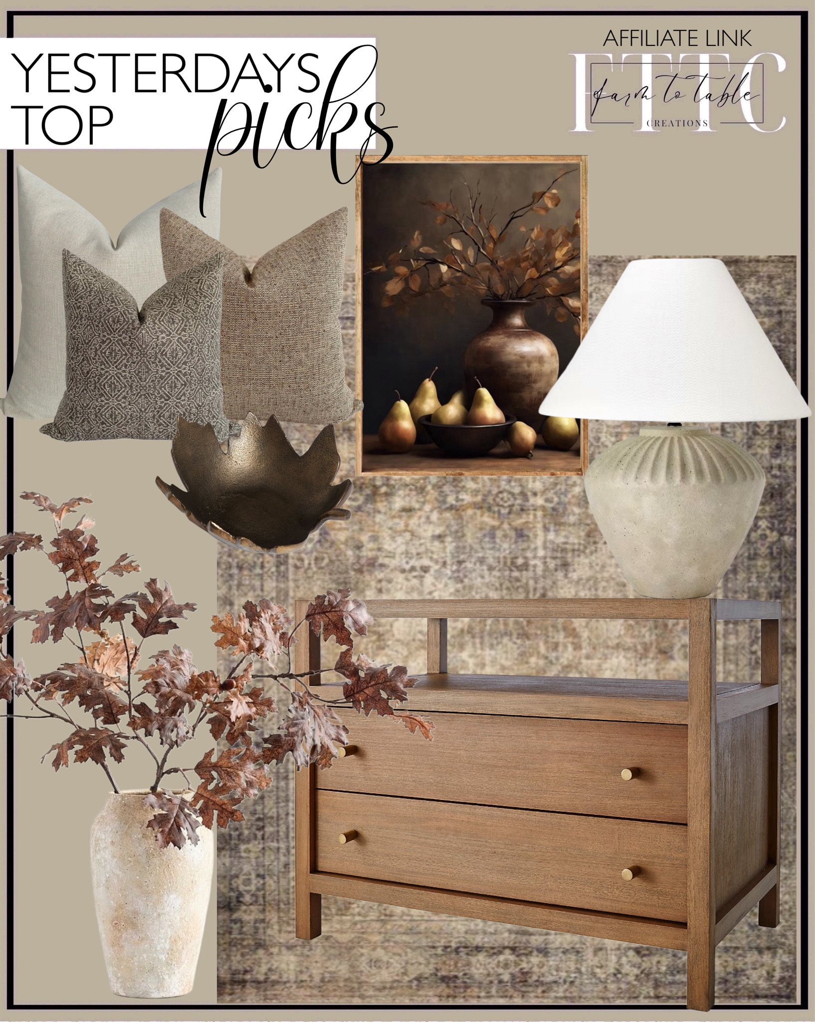 Yesterday’s Top Picks. Follow @farmtotablecreations on Instagram for more inspirational.

Use code FARMTOTABLE for 15% off artwork. 

Amber Lewis x Loloi Morgan Sunset/Ink area rug. Keane Driftwood Charging Nightstand. Ceramic Table Lamp Tan - Threshold. Autumn Stems & Pears. Faux Oak Branch with Acorns. Artisan Terracotta Vase. Pottery Barn Fall Finds. Brass Leaf Object. Hackner Home Serene Pillow Cover Set. 

Bedroom Bench | Coffee Table Decor | Fall Decor | Fall Stem Sale | Target Finds | Skinny Bench | Bedroom | Living Room | Breakfast Nook | Amazon Home | Target Sale | Loloi Rugs | Magnolia Home | console table | console table styling | faux stems | entryway space | home decor finds | neutral decor | entryway decor | cozy home | affordable decor |  home decor | home inspiration | spring stems | spring console | spring vignette | spring decor | spring decorations | console styling | entryway rug | cozy moody home | moody decor | neutral home



#LTKFindsUnder50 #LTKSaleAlert #LTKHome