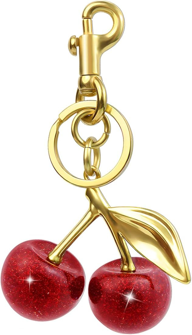 18K Gold Plated Cherry Keychain, Cherry Purse Charm Made of Metal Hardware and Glittering Resin, ... | Amazon (US)