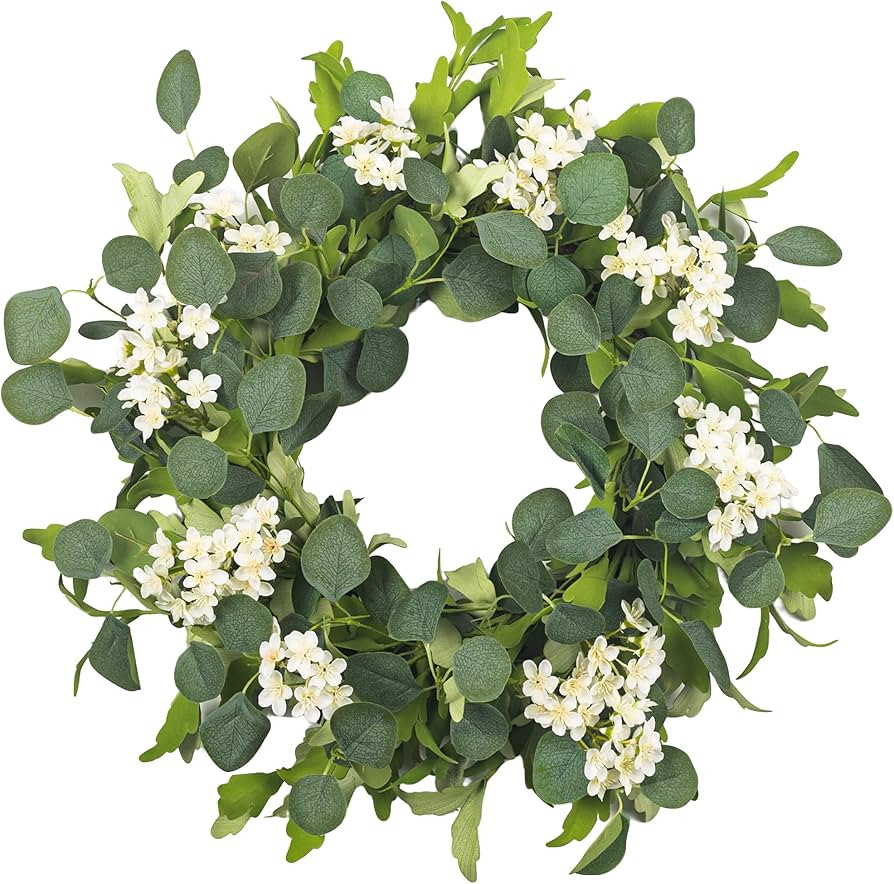 24" Spring Summer Wreaths for Front Door, Artificial Green Eucalyptus White Flower Cherry Blossom... | Amazon (US)