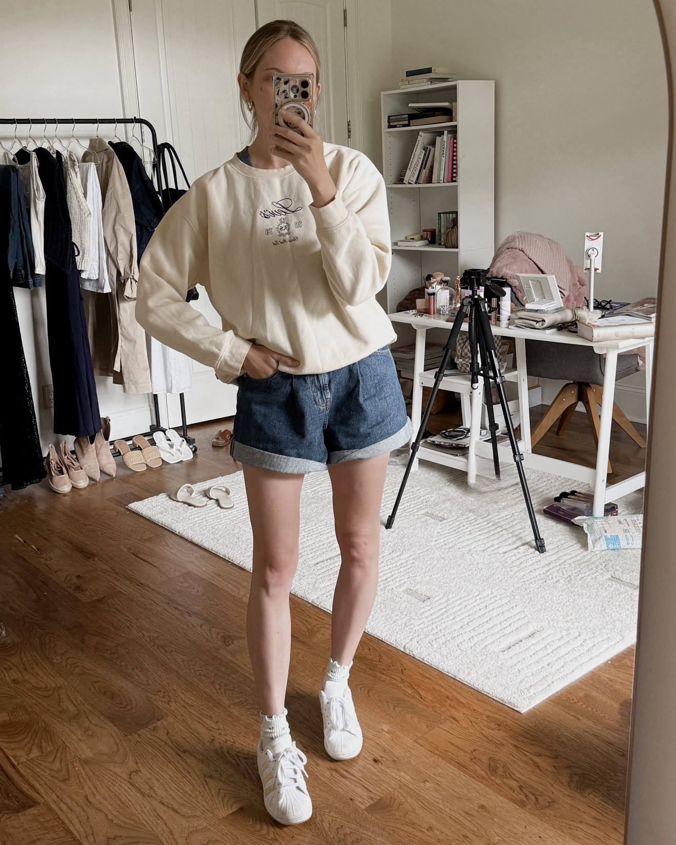 Everyday summer mom outfit by BarbiGia. Loose denim rolled shorts. Butter yellow outfit. Cute adidas sneakers

#LTKdayinmylife #LTKootd #LTKmomlife