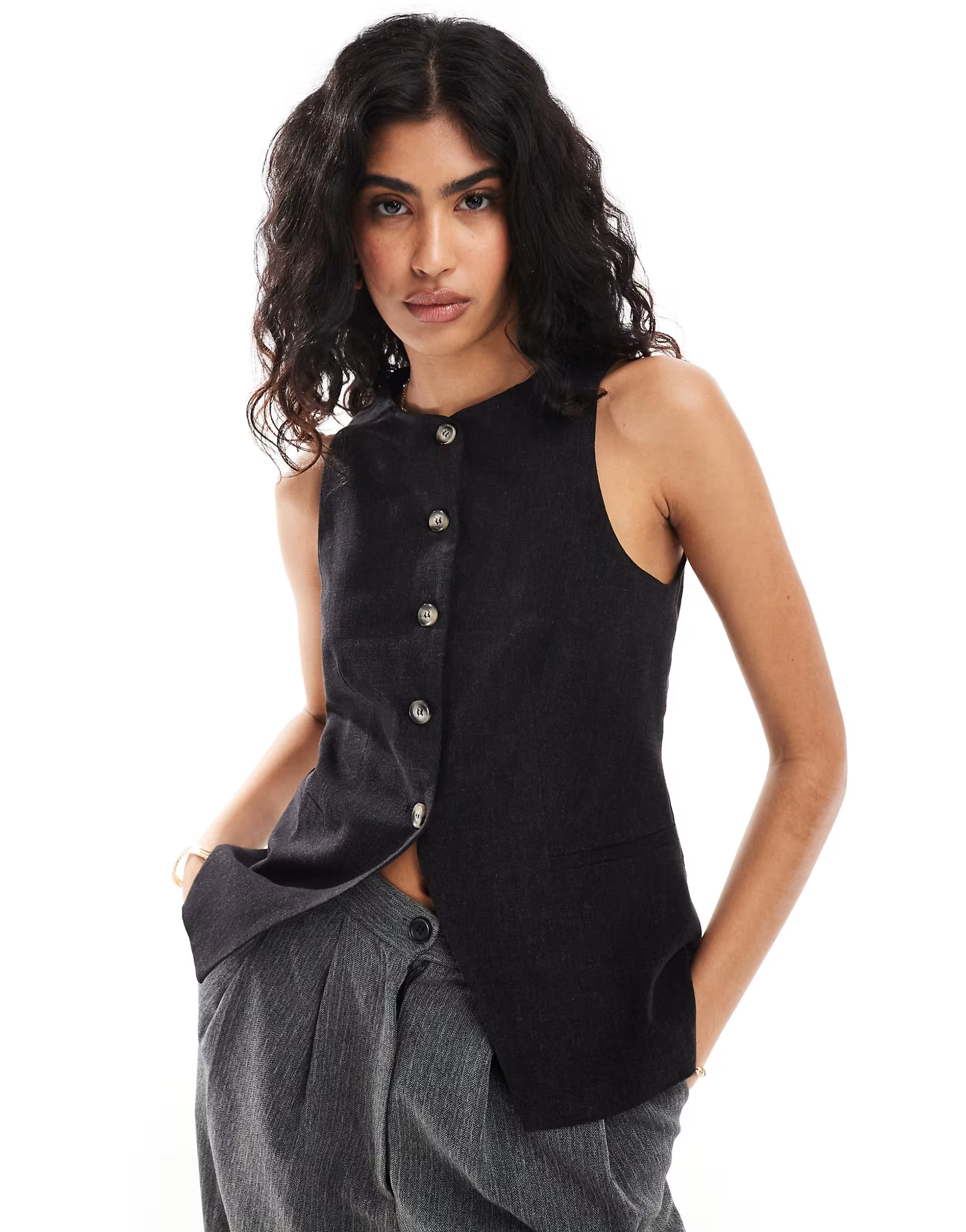 ASOS DESIGN high neck waistcoat with linen in black | ASOS (Global)