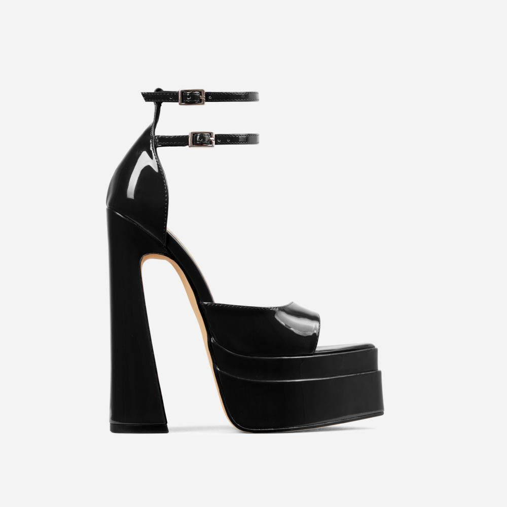 Marshall Double Strap Pointed Toe Extreme Platform Block Heel In Black Patent | EGO Shoes (US & Canada)