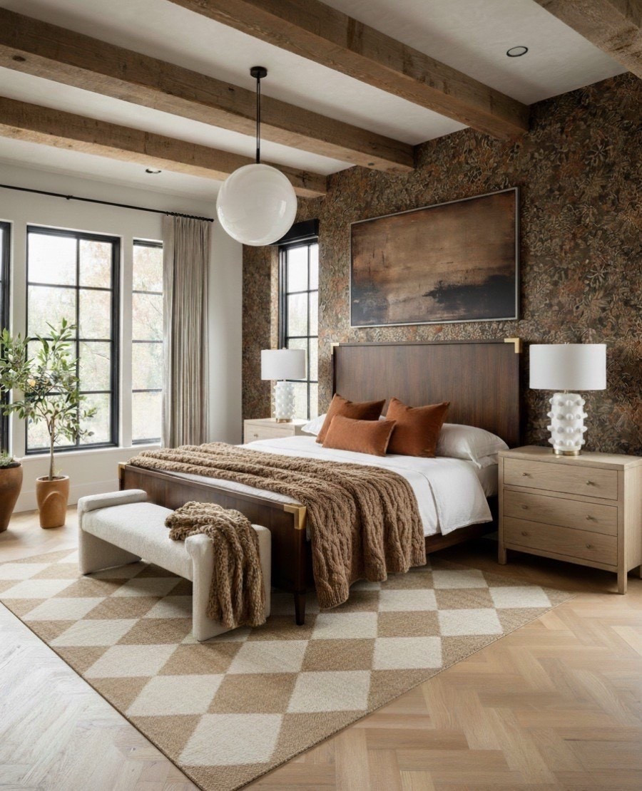 A bedroom made for slow mornings and golden light.
Rich caramel tones and soft neutrals create a grounded warmth that feels both inviting and elevated. The patterned wallpaper adds depth and character, while the velvet pillows and faux fur throw layer in cozy texture. Light oak nightstands and a sculptural bench complete the balance between rustic charm and modern refinement.

✨ Shop the look and bring this modern transitional bedroom home:
• Velvet rust throw pillows
• Faux fur bed blanket
• Upholstered end-of-bed bench
• Diamond patterned wool rug
• Light oak nightstands
• Wood panel bed frame with brass detail
• White textured table lamps
• Abstract landscape wall art
• Neutral blackout curtains 

#LTKSaleAlert #LTKHome