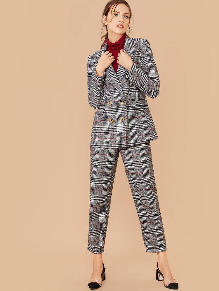 Notched Collar Plaid Blazer & Pants Set | SHEIN