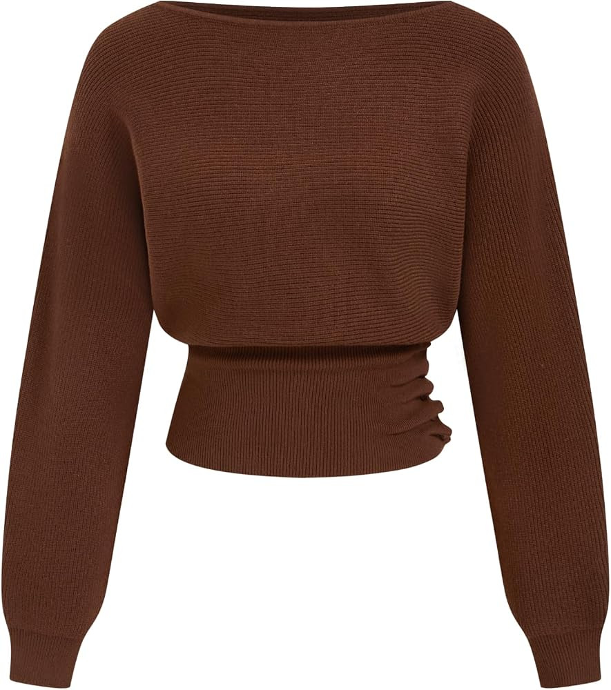 CIDER Boat Neck Cropped Sweaters for Women Fall Off the Shoulder Sweater | Amazon (US)