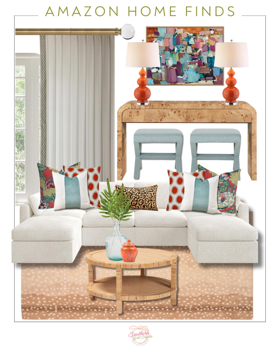 Brighten up your space with this vibrant yet balanced mix of textures and tones. From the sculptural burl wood console to the cheerful orange lamps and bold patterned pillows, this setup blends modern grandmillennial charm with playful personality.

Amazon Home Finds | Grandmillennial Style | Colorful Living Room | Eclectic Decor | Burl Wood Console | Antelope Print Rug | Orange Table Lamps | Patterned Throw Pillows | Coastal Grandmillennial | Cane Coffee Table | Bold Wall Art | Blue Ottomans | Neutral Sectional | Vibrant Home Accents | Southern Girl Staples

#LTKFindsUnder100 #LTKHome #LTKFamily