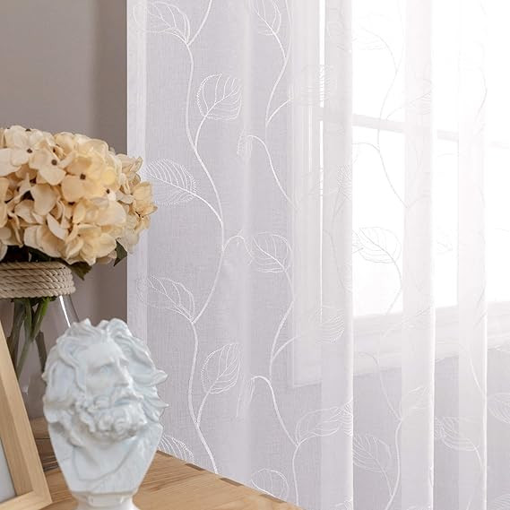 White Sheer Curtains for Living Room Leaf Tile Embroidered Window Curtain Rod Pocket Leaf Geometr... | Amazon (US)