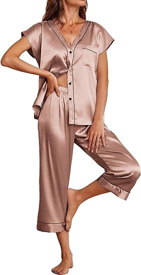 Ekouaer Satin Pajama Set Womens Short Sleeve V Neck Shirt with Capri Pants Button Down PJs Soft S... | Amazon (US)