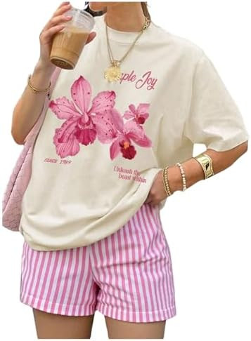 OYOANGLE Women's Summer Outfits 2 Piece Floral Print Casual Short Sleeve Tshirt Top and Striped S... | Amazon (US)