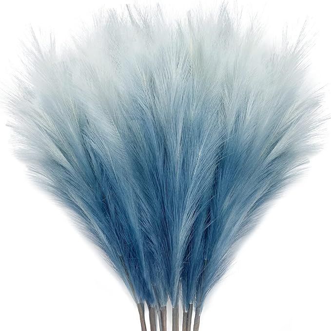 8Pcs 35.4” Blue Colorful Faux Pampas Grass, KALYLOC Fluffy Artificial Bulrush Branches Boho Dec... | Amazon (US)