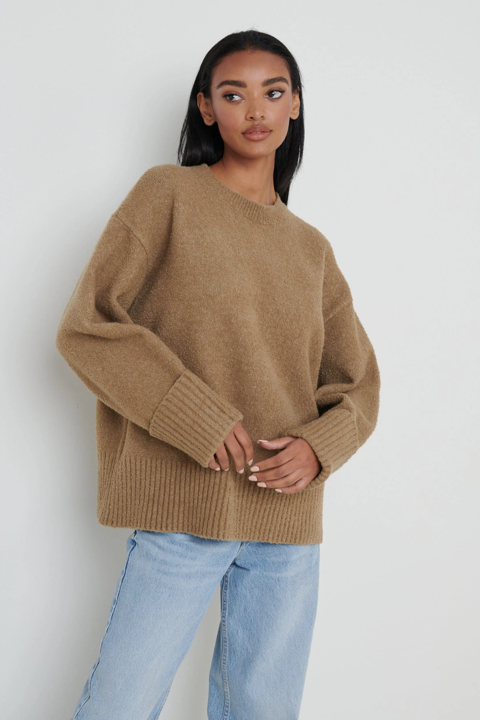 Camille Oversized Borg Jumper - Light Brown | Pretty Lavish (UK)