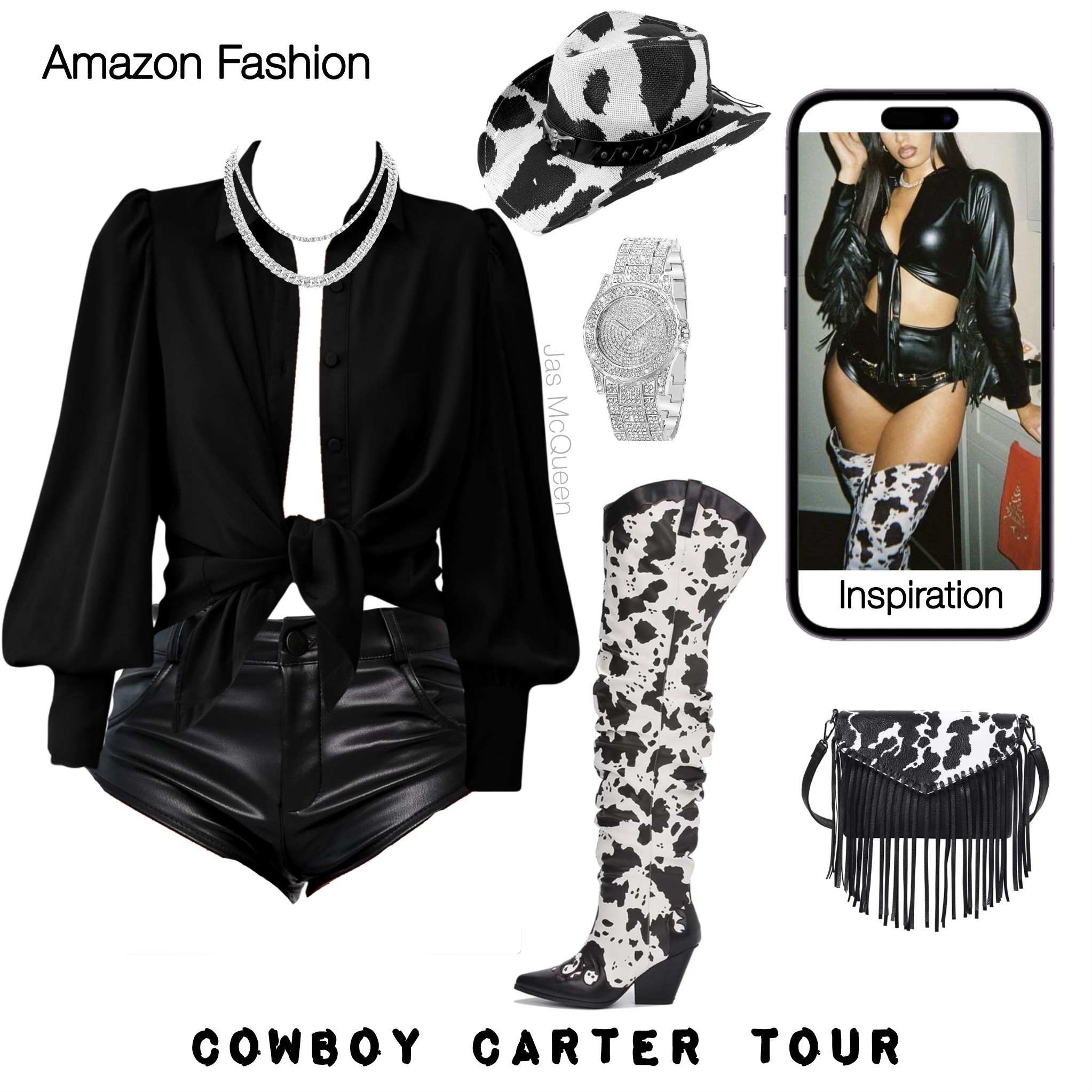 Black Glam Rodeo Couture - Cowboy Carter Tour Outfit Inspiration

Black faux leather hot shorts, cow print, fringe, thigh high cow print western boots, rhinestone watch, necklace


#LTKShoeCrush #LTKFestival #LTKStyleTip