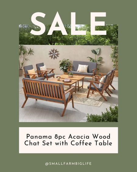 Panama 8 piece acacia wood chat set with coffee table. Patio furniture. Summer. Outdoor dining. Outdoor living. Christopher Knight Home. Teak wood with dark gray cushions  

#LTKSeasonal #LTKSaleAlert #LTKHome