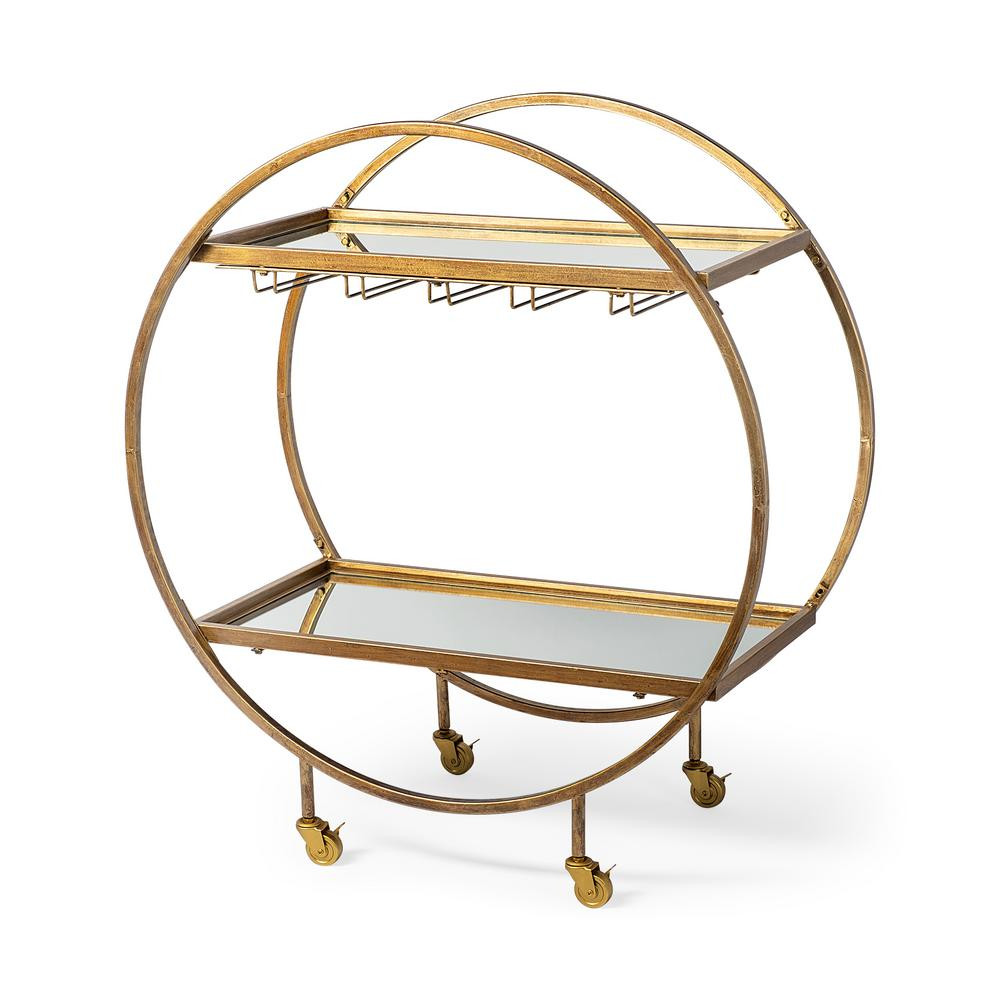 Mercana Carola Gold Frame 2-Tier Glass Shelves with Stemware Holder Bar Cart | The Home Depot