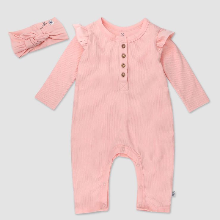 Honest Baby Organic Cotton Painterly Rib Ruffle Sleeve Coveralls Headband Set - Pink | Target