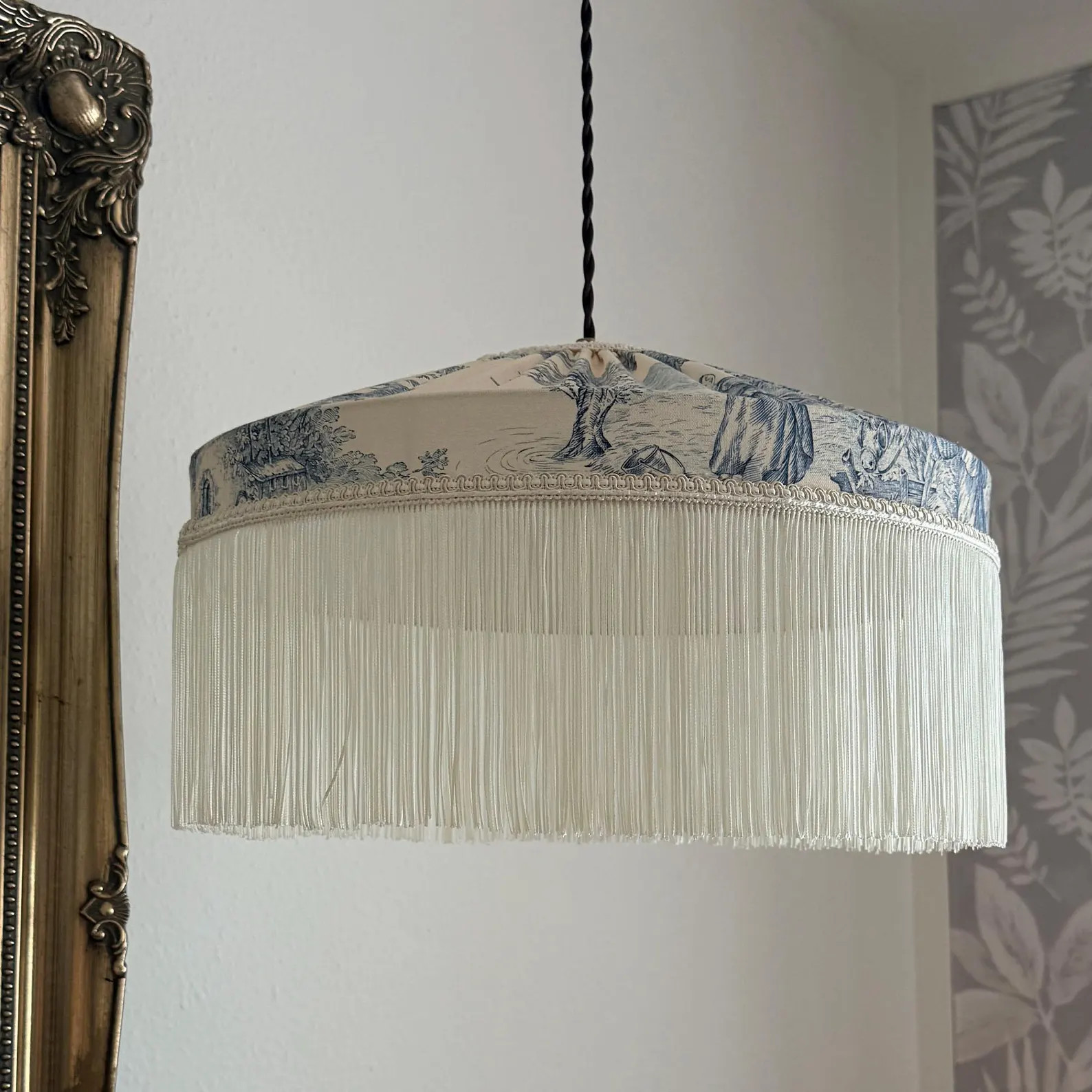 Blue Toile Lampshade with Ivory Fringe – French Country Pleated Pendant Shade | Etsy (Global)