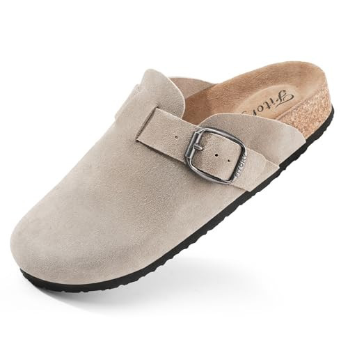 FITORY Womens Clogs Slip-on Potato Shoes Leather Mules with Suede Cork Footbed Taupe Size 5 | Amazon (US)