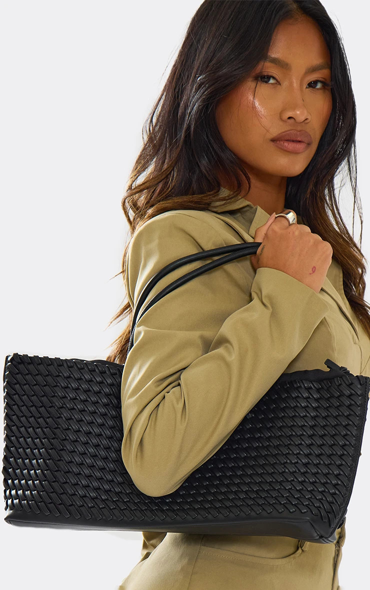 Alma Rectangle Shaped Oversized Shoulder Bag In Black Woven Faux Leather | EGO (UK)