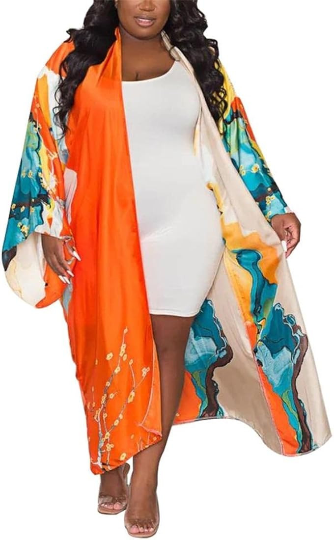 cu4eve Summer Cardigan for Women Lightweight Satin Open Front Long Kimono Swimsuit Cover Ups Silk... | Amazon (US)