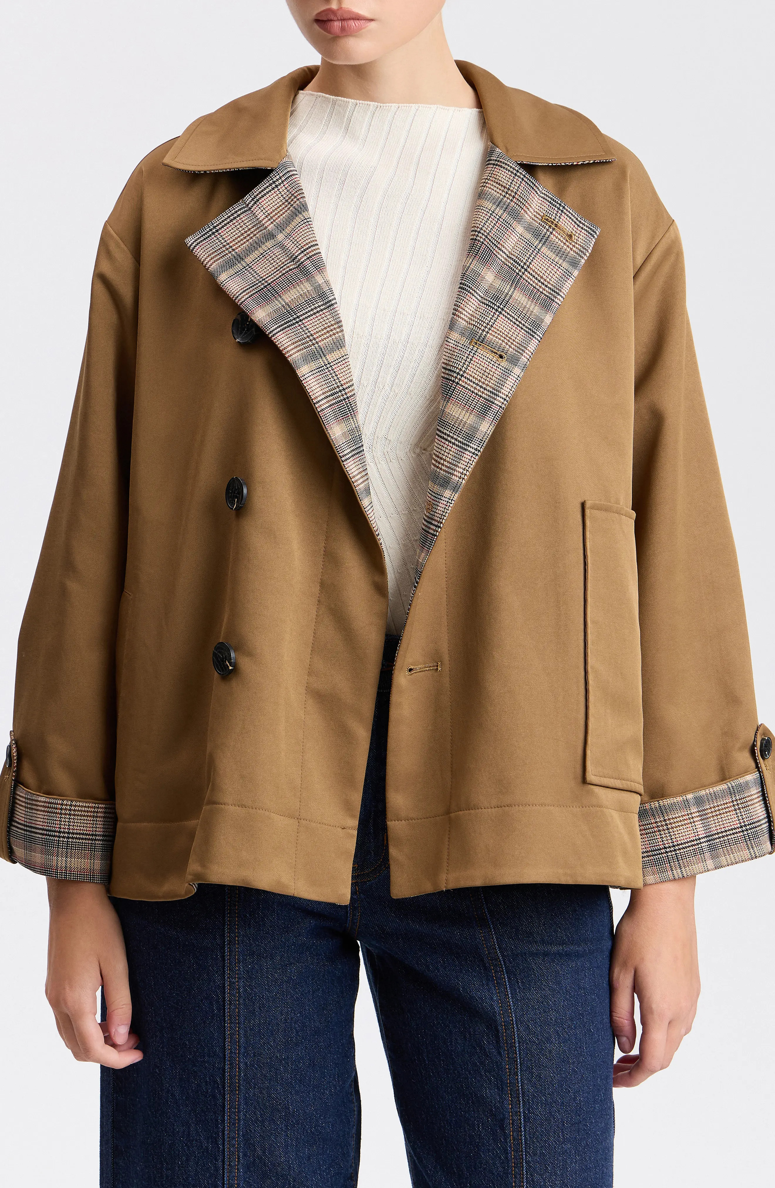 Avec Les Filles Reversible Water Resistant Barn Jacket with Scarf in Dark Khaki Multi at Nordstrom Rack, Size Small | Nordstrom Rack