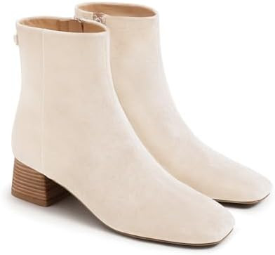 Coutgo Womens Ankle Boots Chunky Low Heel Square Toe Booties Side Zipper Winter Dress Shoes | Amazon (US)