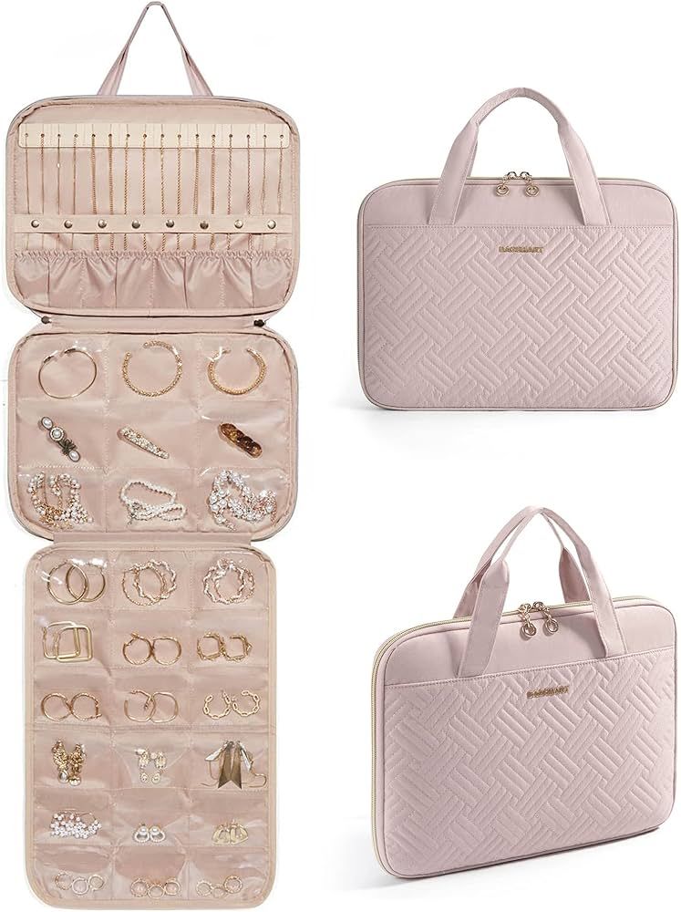 BAGSMART Travel Jewelry Organizer Case,Hanging Roll Jewelry Bag for Travel with Pockets,Large Cap... | Amazon (US)