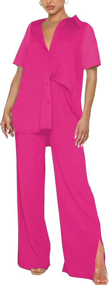 LYANER Women's 2 Piece Outfits Button Down Short Sleeve Shirt and Wide Leg Pants Set | Amazon (US)